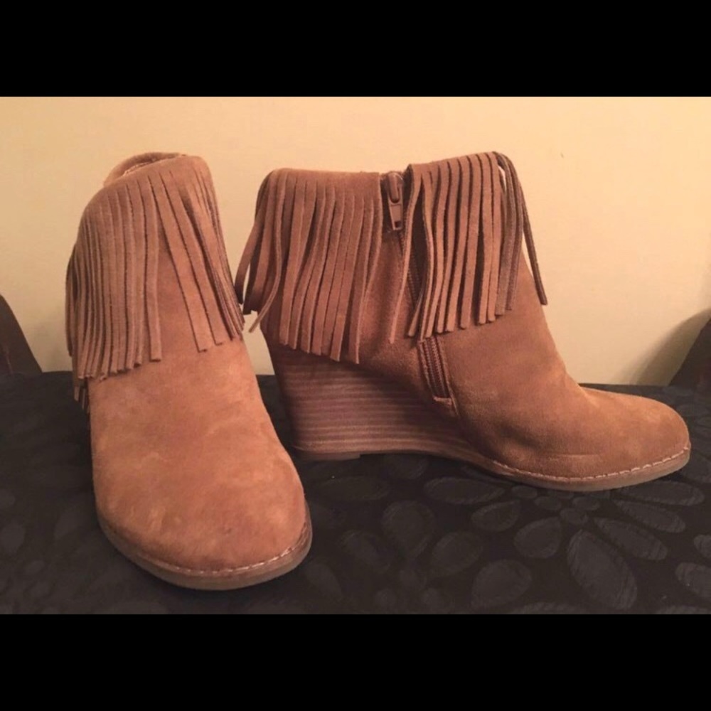 Brown Fringe Wedge Booties